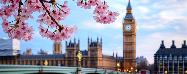 Fototapeta premium Big Ben and Houses of Parliament in London England Under Spring Blossom Blue Sky and Light Cloud