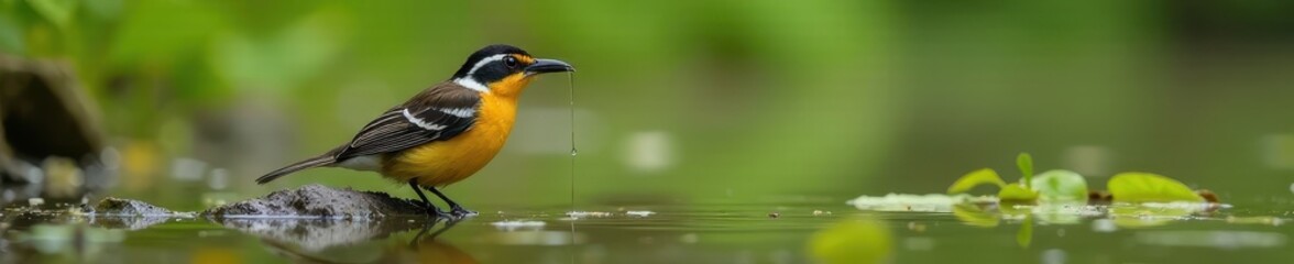 Naklejka premium Puff-throated Babbler preening near water, Tahmini Ghat, Maharashtra, forest, wildlife photography