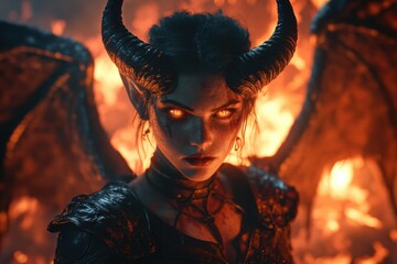 Fiery Demoness: A portrait of a female demon with horns and wings amidst burning flames. Dark fantasy art photography.