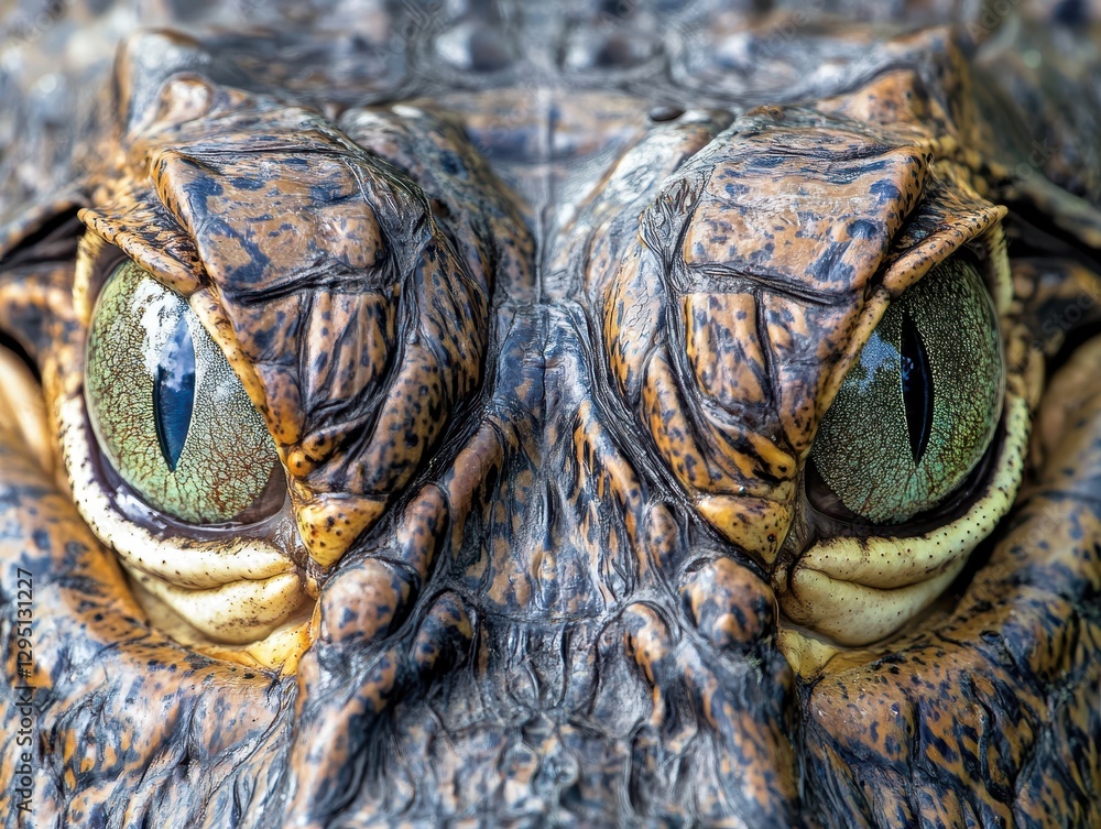 Poster close-up image of crocodile eyes showcasing intricate textures and unique color patterns in nature's