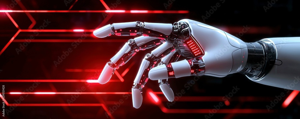 Poster futuristic robot hand reaching out in artificial intelligence and technology environment scenery