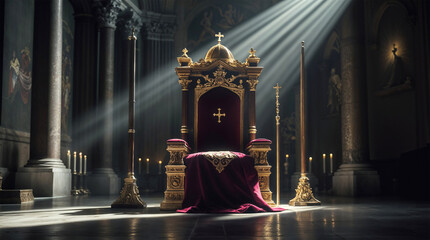 Golden chair with cross in a dark church, illuminated by rays of light.