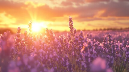 Sunset over lavender field, summer evening, idyllic landscape, calming nature scene, perfect for relaxation