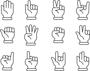 Fototapeta premium Hand gestures line icon set. Handshake, Clapping hands, Victory vector collection isolated. Horns, Thumb up finger, drag and drop icons. Donation hand gestures, middle finger, helping hand.
