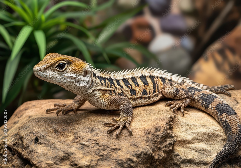 Poster close-up of a colorful lizard resting on a rock surrounded by greenery in a natural habitat setting