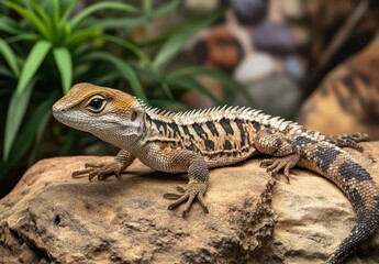 Close-up of a Colorful Lizard Resting on a Rock Surrounded by Greenery in a Natural Habitat Setting