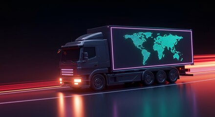 Moving Truck Carrying World Map on Illuminated Display at Night