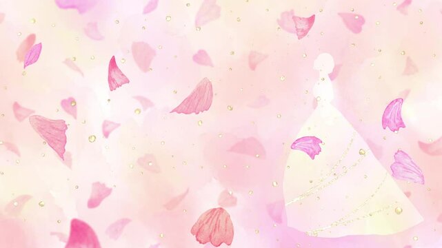 桜の花びらが舞う中に横向きの新婦が立つループアニメーション。結婚式等のお祝い向けのピンク背景の映像。