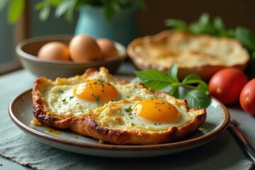 Rustic Easter breakfast buffet with colorful eggs, natural, photography, vintage