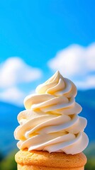 Delightful Vanilla Ice Cream Cone Under a Sunny Sky with Fluffy Clouds Refreshing Treat