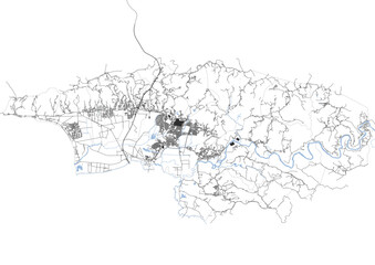 vector map of buildings, highway and waterway in anasco town puerto rico with black and white color