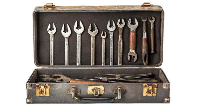 Metal tool box with various hand tools isolated on transparent background for diy projects and home repairs.