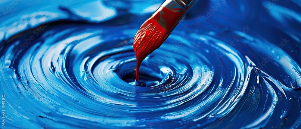 Poster a vibrant red paintbrush dips into a swirling pool of blue paint, creating a mesmerizing blend of co