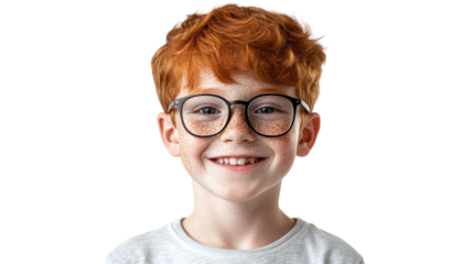 Portrait of a cute ginger boy wearing eyeglasses with red hair, freckles, and a happy smile, isolated on transparent background for diverse educational and marketing projects.