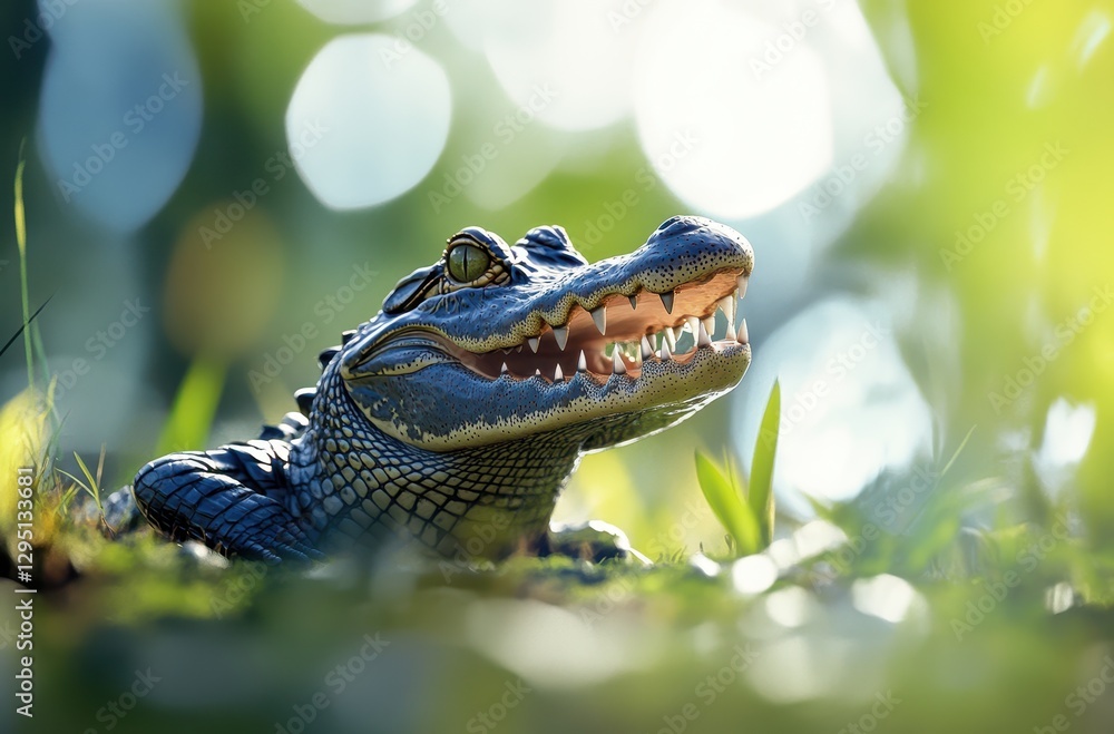 Poster close-up of a crocodile head emerging from greenery with bright sunlight blurring the background and