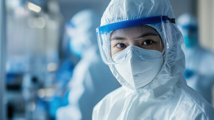healthcare worker in protective gear, focused on safety and health. environment suggests laboratory or medical facility, emphasizing importance of disease control and prevention