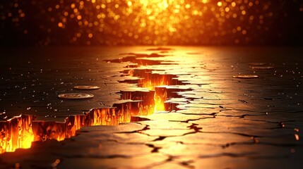 Naklejka premium Fiery Crack in the Earth's Surface with Glowing Embers and Scattered Coins