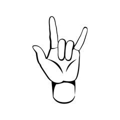 Hand drawn illustration of devil horns hand gesture. Heavy metal. Rock on festival. sketch out line
