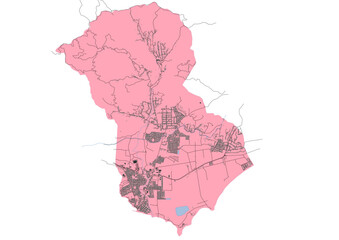 vector map of buildings, waterway  and highways in the arroyo region of puerto rico with pink and black colors