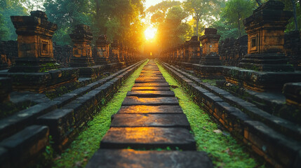 Naklejka premium The serene charm of ancient temple ruins illuminated by sunlight, showcasing a blend of history, peace, and timeless beauty in a modern light