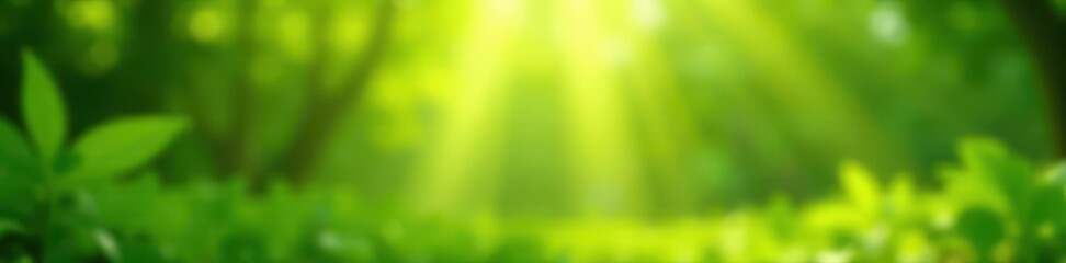 Soft green sunbeams, blurred foliage, ample blank area, nature, flora, sunbeams