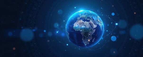 Stylized blue planet with intricate network overlay, technological concept , wireframe, web, links