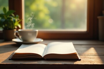 Fototapeta premium Steaming coffee & closed travel journal on wood table, serene scene, calm, tabletop