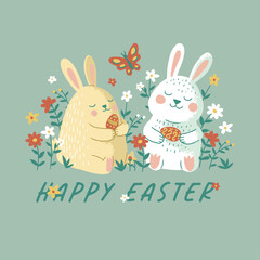 HAND DRAWN EASTER BUNNY EGG HOLIDAY RELIGION GIFTS GREETING CARD FLOWERS FLORAL
