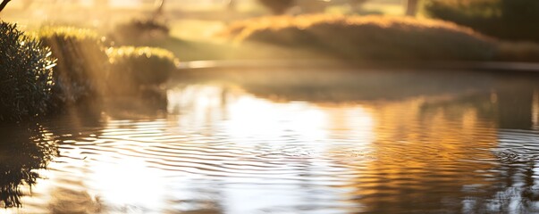 Serene pond reflects golden sunlight through foliage in a garden