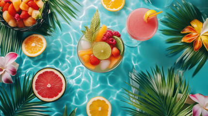 A colorful assortment of various fruits and beverages elegantly arranged on a table, showcasing a vibrant and refreshing spread.