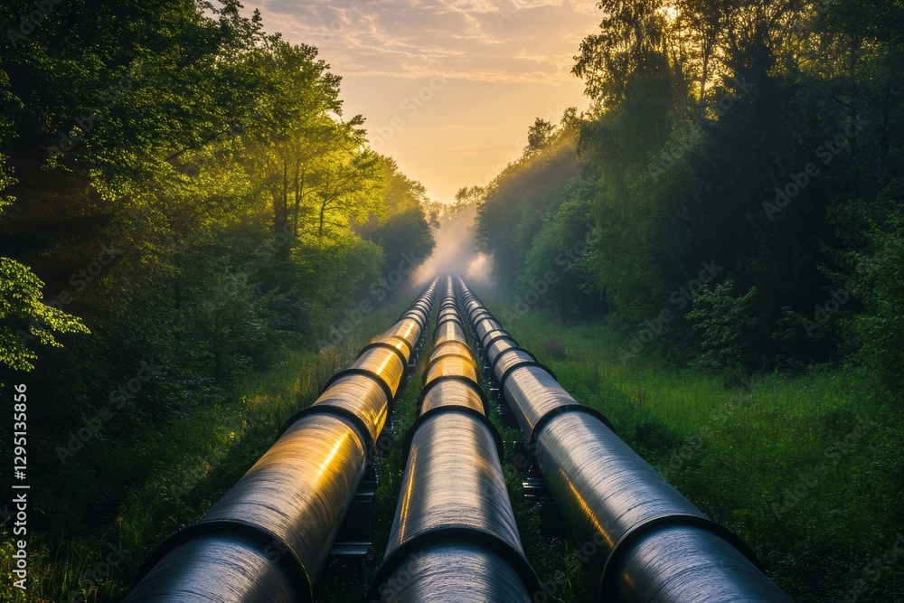 Poster Gas pipelines running through a lush green forest at sunset creating an intriguing contrast with the natural environment. Generative AI