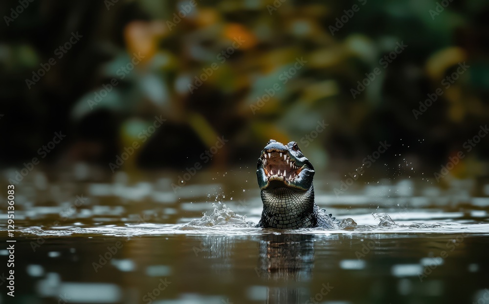 Poster close-up of a fierce reptile emerging from the water with an open mouth, showcasing sharp teeth and 