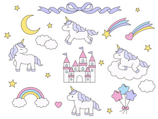 かわいいユニコーンのベクターイラストセット。馬、虹、流れ星、風船、リボン、お城、線 © chie