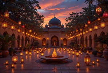 Mosque Courtyard: Warm Sunset, Lanterns, and Enchanting Ambiance