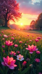 Fototapeta premium Sunrise hues splash across blooming meadow, vibrant colors , pink, picturesque, dawn