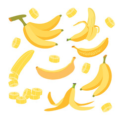 Cartoon bananas set. Vector banana icons, half peeled and slice banana snack, bunch of bananas. Yellow tropical fruits. Exotic sweet desserts. Healthy vegan food illustration.