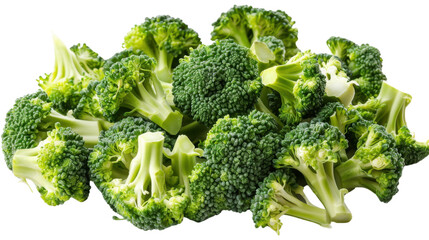 Fresh green broccoli florets forming a nutritious pile on transparent background