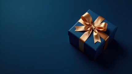 A luxuriously wrapped midnight-blue present box adorned with a radiant gold ribbon, perfectly positioned against a deep blue background, signifying a thoughtful and elegant gift