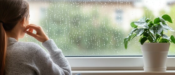 A person sits by a window, gazing at rain-soaked glass, with a green plant in a pot nearby.
