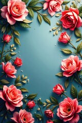 A Delightful Arrangement of Pink Roses and Lush Greenery Forms a Romantic Border on a Teal Background