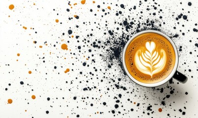 Latte art coffee on white surface with black, orange splatters, top view, beverage ad