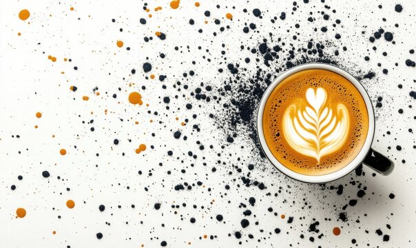 Latte art coffee on white surface with black, orange splatters, top view, beverage ad