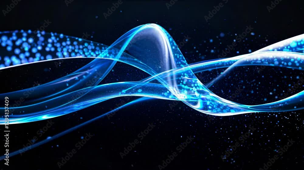 Poster abstract video with flowing blue light trails and particles, captured from a dynamic angle, creating