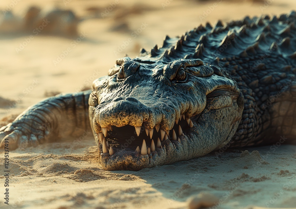 Poster close-up of a large crocodile lying on the sandy shore with its mouth open, showcasing its sharp tee