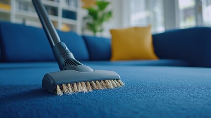 Vacuum cleaner being used on a blue sofa, close-up shot of the brush attachment cleaning.