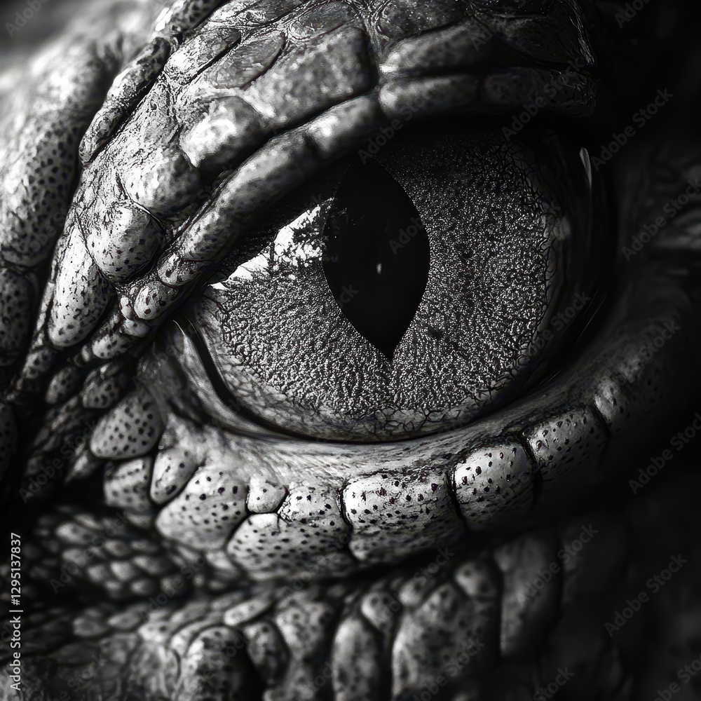 Poster close-up of a lizard eye illustrating intricate scale patterns and unique texture in monochrome blac