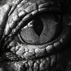 Fototapeta premium Close-Up of a Lizard Eye Illustrating Intricate Scale Patterns and Unique Texture in Monochrome Black and White Photography