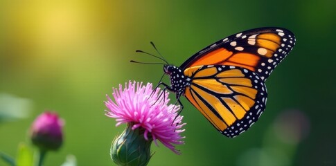 Fototapeta premium Vibrant monarch butterfly on blooming purple thistle, delicate, monarch