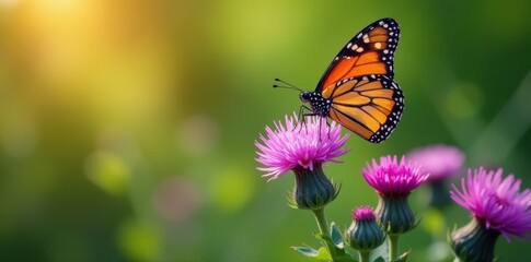 Vibrant monarch butterfly on blooming purple thistle, nature, thistle, insect wing