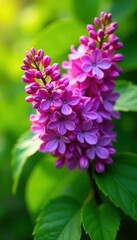 Fototapeta premium Vibrant lilac bouquet, lush green leaves, sunlight, background, purple lilac